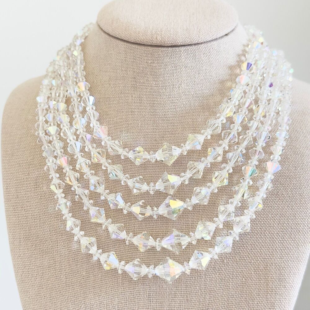 Vintage Clear Aurora Borealis AB Crystal Graduated 5 Row Multi Strand Necklace - Picture 5 of 10